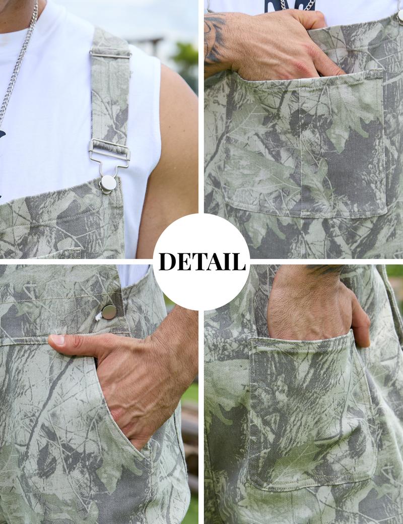 Yuanbang Men's Loose Pattern Adjustable Stretchy Overalls Fashion Camo Pattern Denim Bibs Coveralls Pockets Jumpsuit with Zipper Fall Winter Menswear Camouflage Redneck Party Outfit