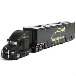 RAUH-Welt BIKERS 1/64 Scale Heavy Semi Truck with Full Trailer Die-Cast Alloy Model Long-Haul Tractor Opening Hood Rubber Tires Collectible Gift for Adults Kids Black