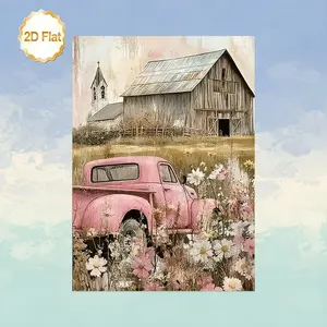2D Flat, 2D Flat, 2D Flat 1pc Unframed 2D Canvas Art Featuring a Vintage Pink Pickup Truck, an Old Barn, And a Floral Scene, Ideal for Decorating Your Living Room, Bedroom, Study, Dining Area, Or Hallway	