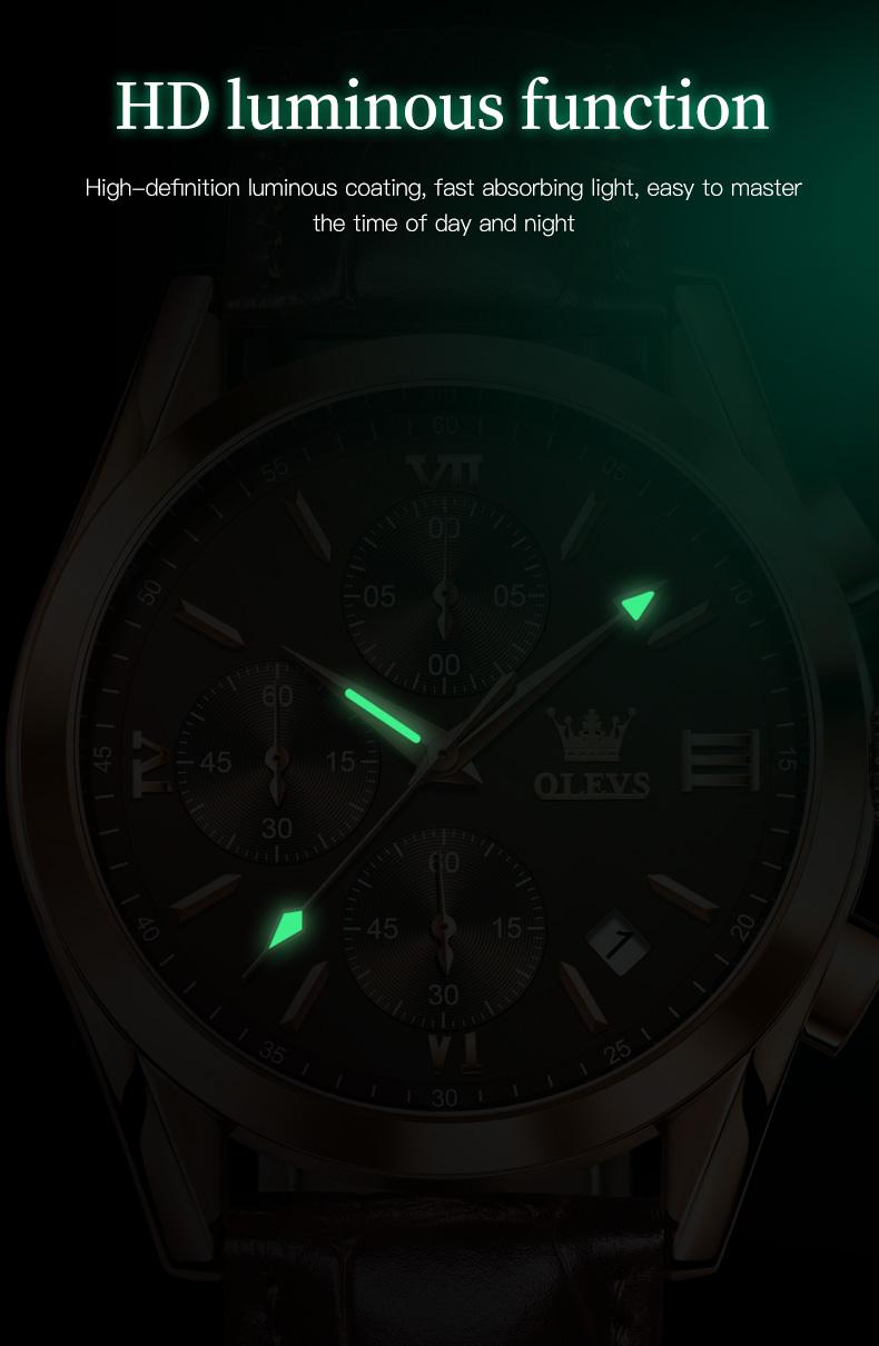 【Valentines Gift Ideas For Boys】OLEVS Watch for Men Leather Casual Chronograph Analog Dress Strap Waterproof Luminous Fashion Easy to Read Gold Case Mans Watches