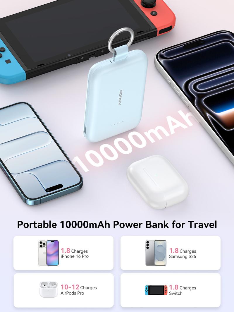 RORRY 10000mAh Portable Charger 30W Fast Charging Power Bank with Built-in Type-C & Lighting Cables Travel Keychain Battery Pack for iPhone 17-12 AirPods Android iPad Switch Lightweight Compact Multi Device Charging   valentinesdaygiftideas