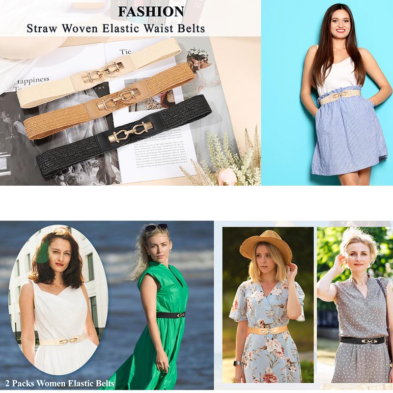 AWAYTR Women Boho Braided Belt Elastic Waist Ladies Straw Belts Metal Buckle Breathable Belt for Dress 2Pcs/Set TikTokShopBlackFriday