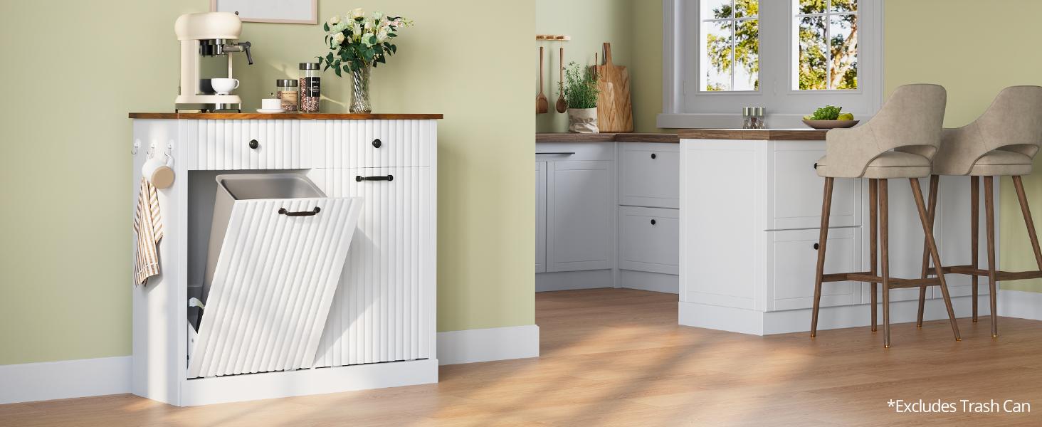 Double Tilt Out Trash Can Cabinet, 20 Gallon Fluted Laundry Hamper Cabinet with 2 Drawers, Wooden Hidden Garbage Can Cabinets for Kitchen, Living Room, Without Trash Bin or Laundry Hamper,Black