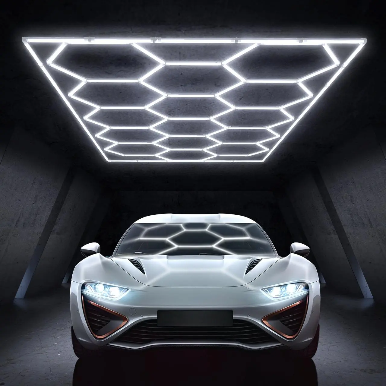 HYPERLITE offers Hexagon Garage Lights, a hexagon led lights Ceiling system designed for Grid Systems. Cool White light, ideal for Car Detailing Garages, Workshops, Basements, Barbershops，DIY Lighting Options，BackToSchool