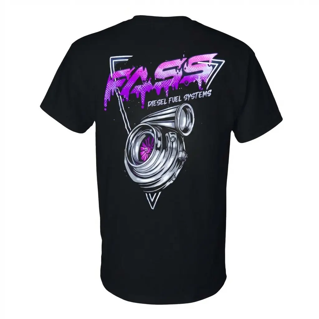 FASS Diesel Fuel Systems T-Shirt with Neon Purple Turbocharger and Graffiti Logo, Retro 2 Sides Graphic Tee, graphic t-shirts Suitable for all seasons - classic styles, fun graphic tee shirts, base layers, casual streetwear