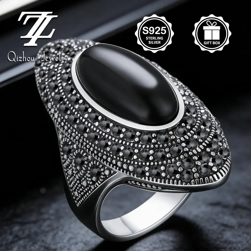 925 Sterling Silver Men's Statement Ring, Large Black Onyx Center Stone with Paved Black Cubic Zirconia, Bold Luxury Signet Ring for Men, Ideal Gift for Birthday Anniversary summerwins,summerwins