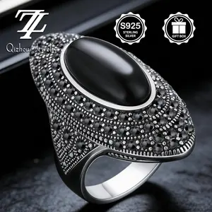925 Sterling Silver Men's Statement Ring, Large Black Onyx Center Stone with Paved Black Cubic Zirconia, Bold Luxury Signet Ring for Men, Ideal Gift for Birthday Anniversary