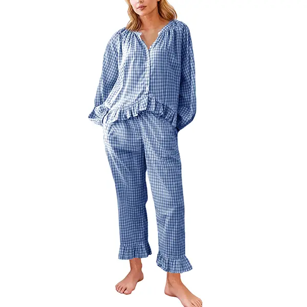 Women's 100% Cotton Gingham Plaid 2-Piece Pajama Set - Ruffle Long Sleeve Shirt, Elastic Waist Pocketed Pants, Casual Loungewear (Pj Sets for Women, Casual Wear)