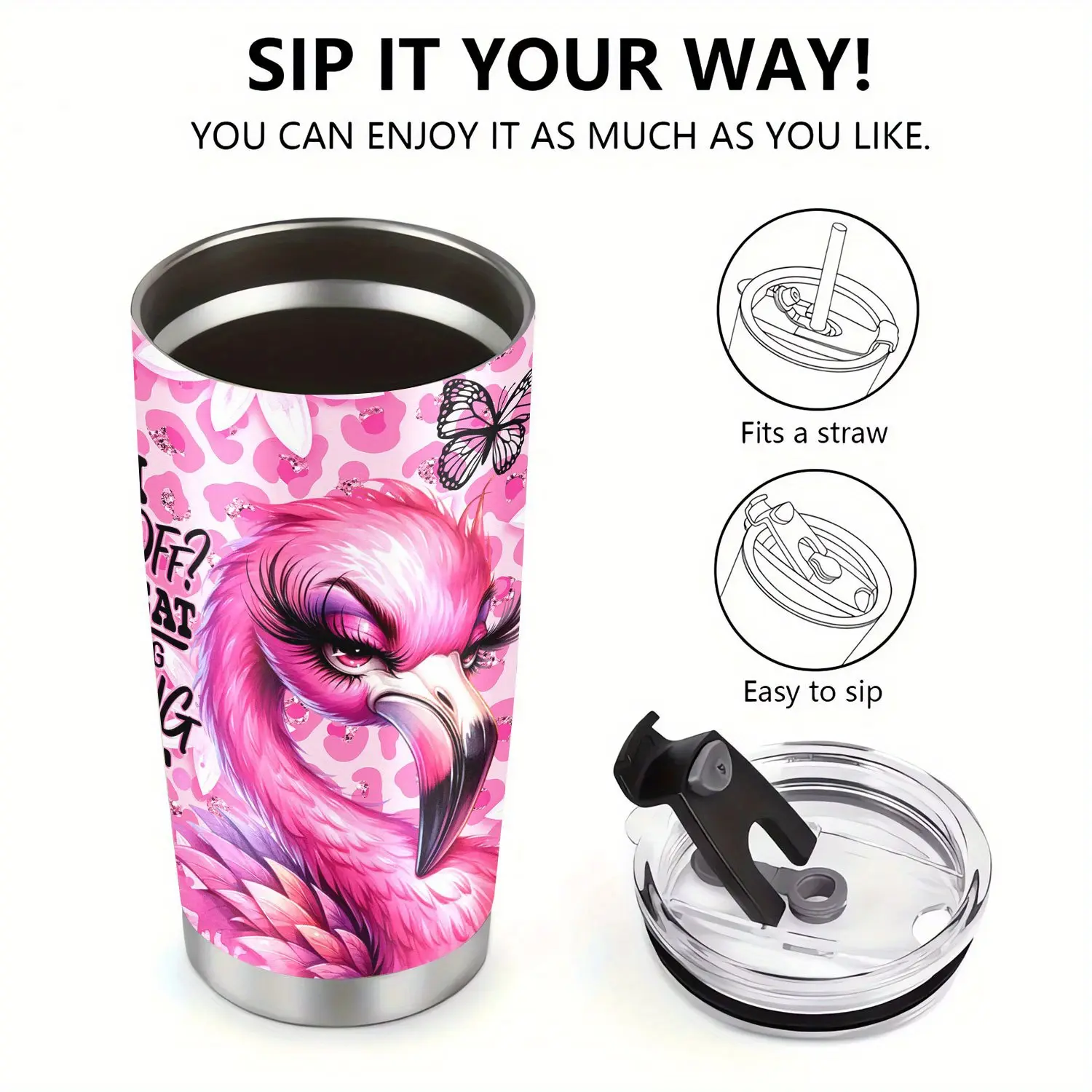 20-oz Pink Flamingo Insulated Stainless Steel Travel Tumbler with Lid, Double-Walled Bottle Vacuum Flask, PVC-Free, Hand Wash Only, Hot/Cold Drinks, Home & Travel Use, Stainless Vacuum Flasks, Bottle Vacuum Flasks
