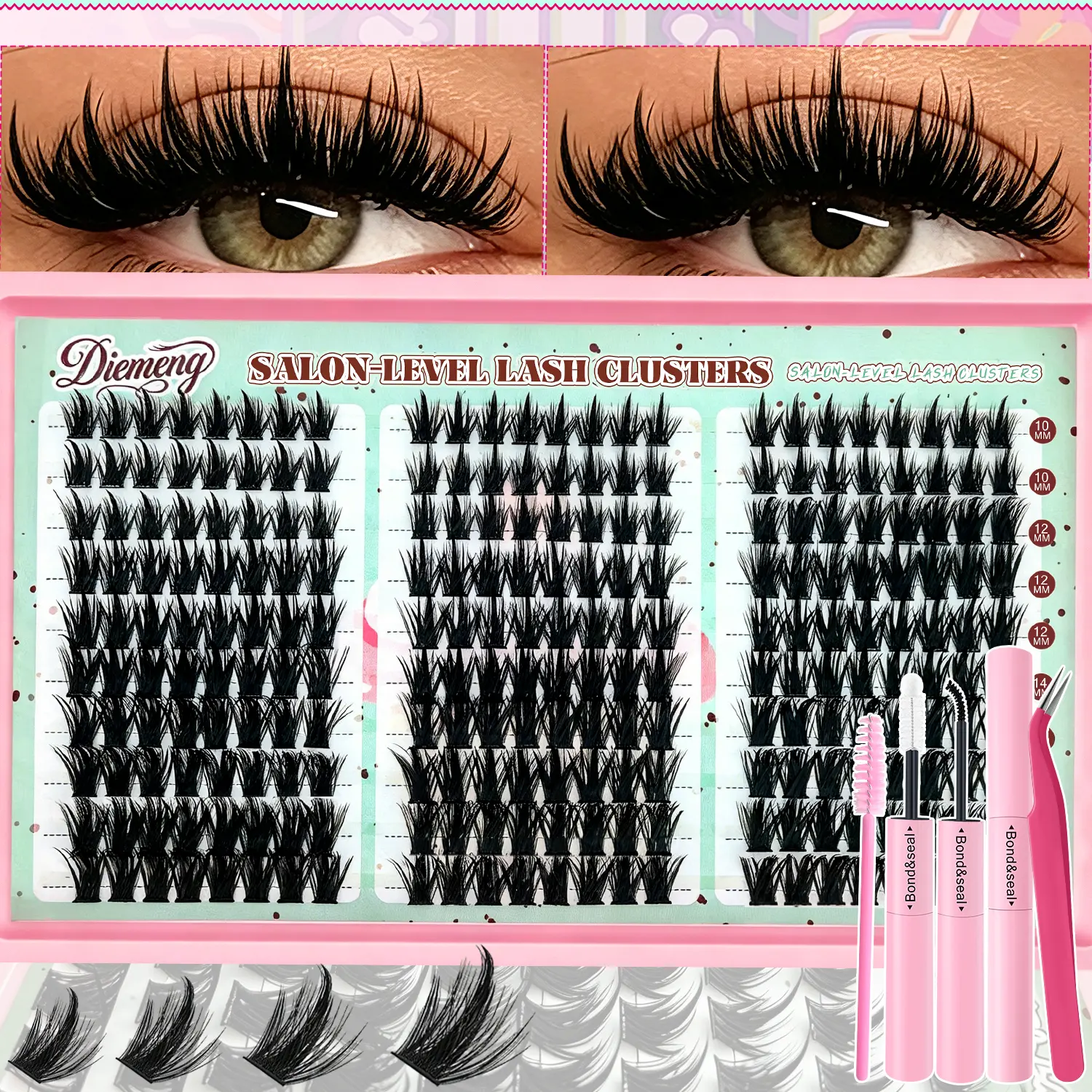 Manga Lash Clusters Kit, Spiky Anime Individual False Eyelashes, 10-16mm Mix Length D-Curl DIY Extension Kit With Bond, Seal, Tweezer & Lash Brush For Beginners