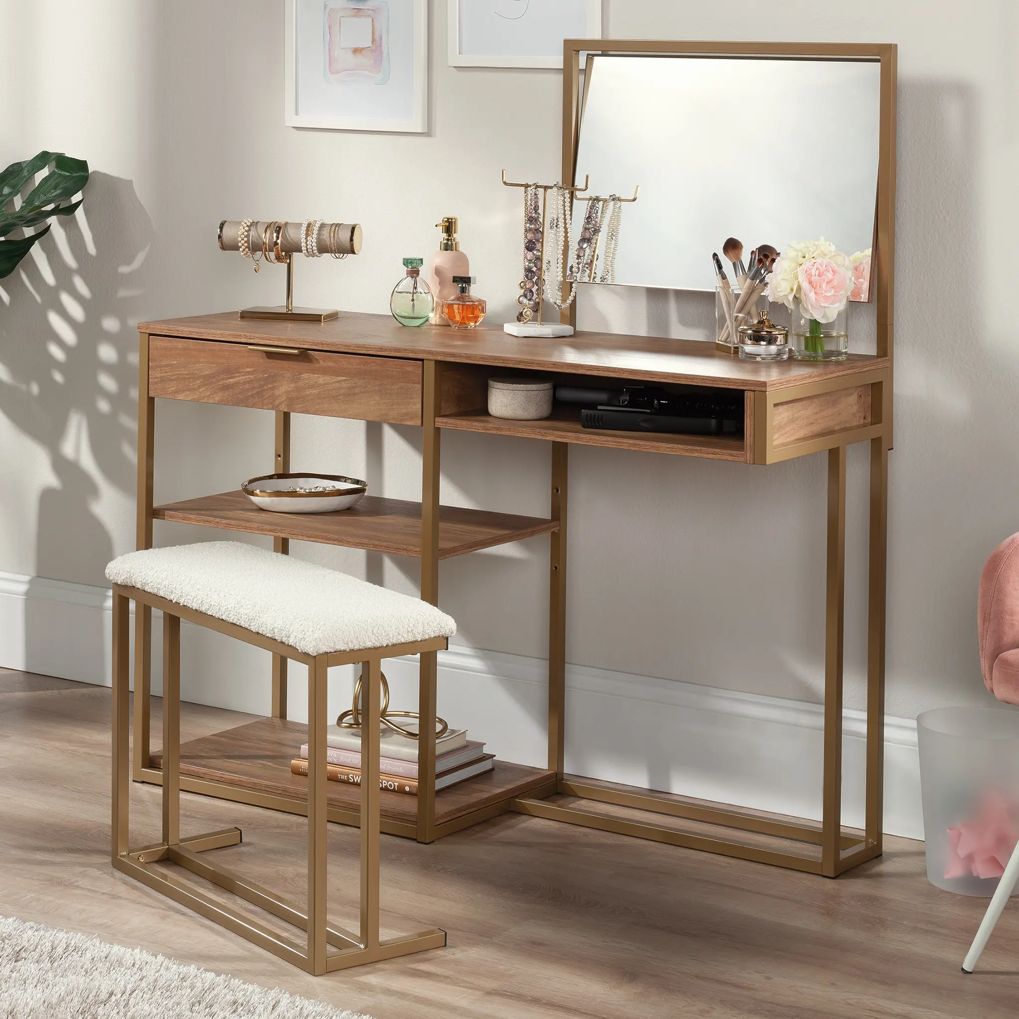Modern Brown Vanity Table Set - Integrated Vanity & Mirror, Drawers, Storage, Engineered Wood Bedroom Indoor Furniture for Dressing Area with Harmonious Design, Ideal for Beauty Routine
