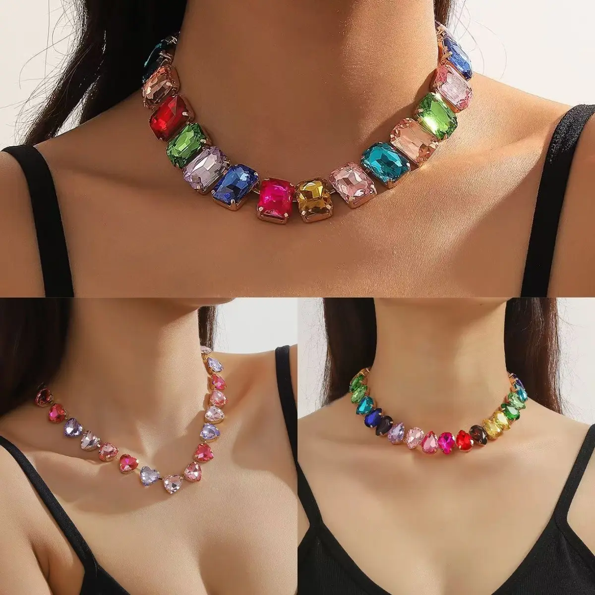 Unisex European-American Dopamine Costume Necklace, Candy-Colored Large Rainbow Gems Jewelry with Copper Chain, Fashionable Aesthetic Accessory for Summer Parties