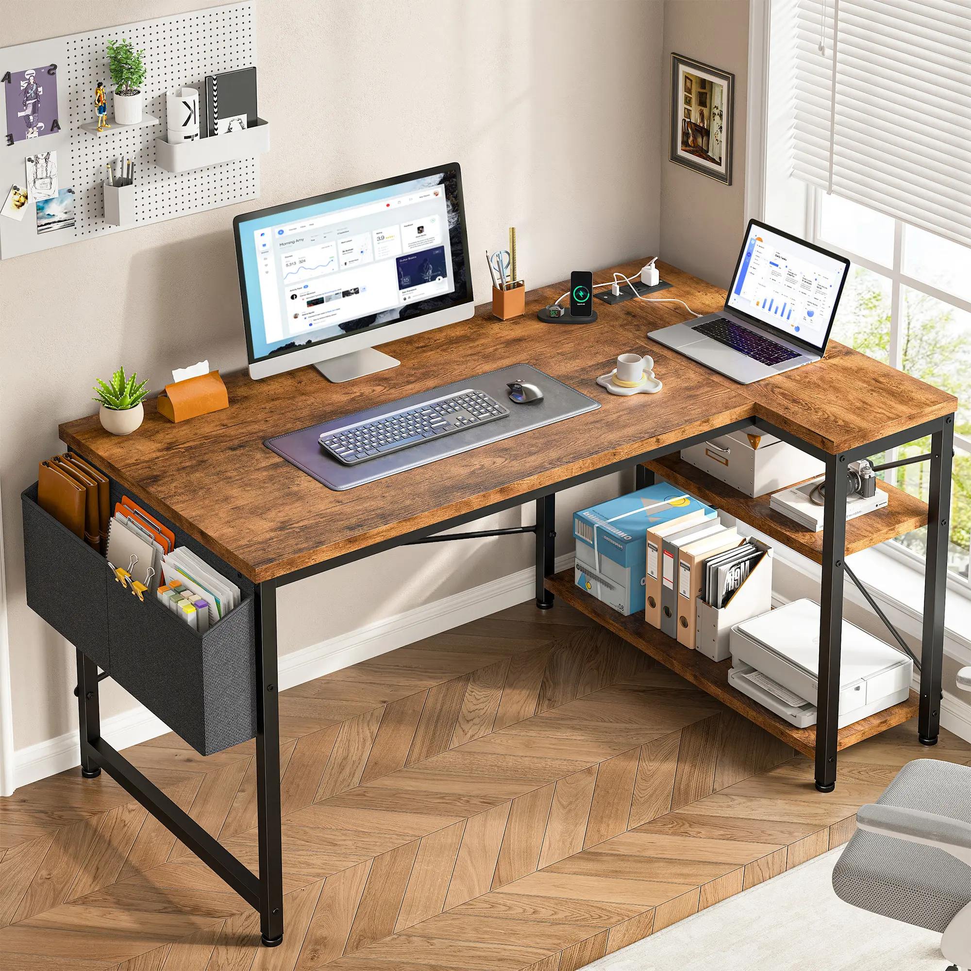 【On SALE-Back to School】Raybee 47‘’ L-Shaped Gaming Desk for small space, Computer Desktop with Power Outlets & USB Ports, Reversible Corner Table, Side Shelves Bag for Home Office Use & Space-saving, Children's Homework Study Desks, Compact Office Desk