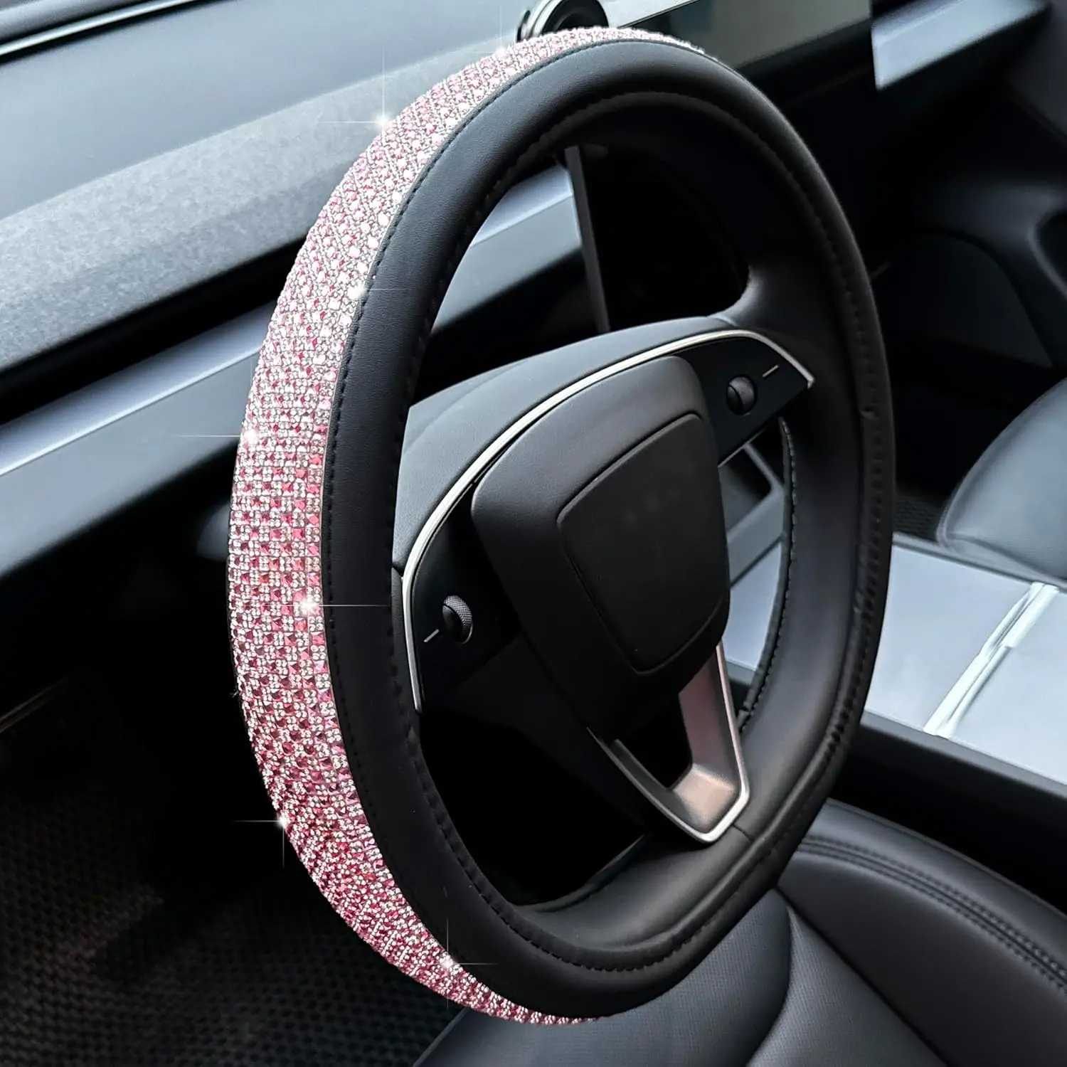 14in (35.5-36cm) D-Shape Sparkle Steering Wheel Cover for Tesla Model Y/3 Highland/Juniper, AAA Grade Rhinestone Bling Anti-Slip Leather, Luxurious 10 Rows of Jewelry, Flat Bottom Comfy Grip (Pink)