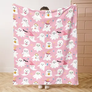 Aura Blankets 1pc Halloween Throw Blanket - Pastel Pink Background with Cute Ghosts, Soft Flannel Bedspread/Seat Cushion for Couch, Camping