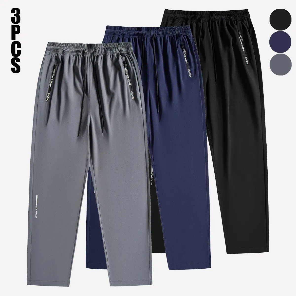 Men’s 3-Pack Loose Wide-Leg Comfortable Athletic Jogger Pants, Unisex, Drawstring Cuffs, Zippered Pockets, Summer Stretch, Breathable, Sweatpants, Baggy Sweatpants, Drawstring Joggers, Workout Jogger