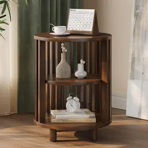 ONBRILL Round End Table, Wood Bedside Table, Mid Century Modern Nightstand with Open Storage Shelf, 3 Tier Small Side Tables for Living Room, Bedroom, Curved Profile Design