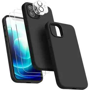 Entronix Silicone Case for iPhone 12 - 5 in 1 Bundle with 2 Clear Tempered Glass & 2 Camera Lens Shockproof Case Protector, Liquid Silicone Design