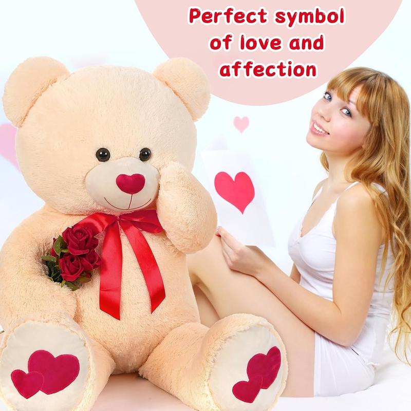 Tezituor Giant Teddy Bear Stuffed Animal 4ft - Big Teddy Bear with Love Red Heart - Large Stuffed Bear Plush Toys for Kid Christmas Birthday - Valentines Bear Gift for Girlfriend, Cream