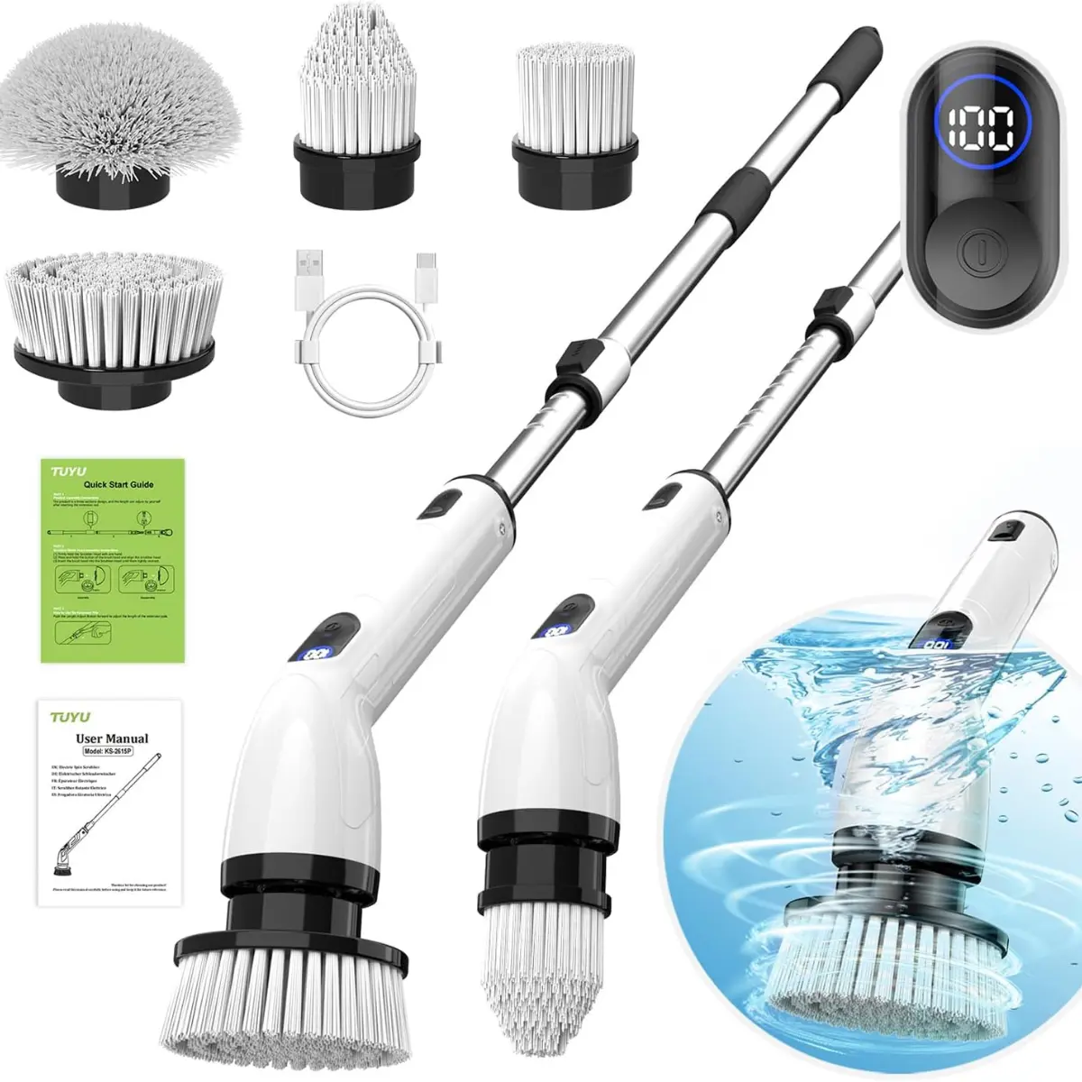 TUYU Cordless Electric Spin Scrubber Handheld Tool - 450rpm Motor, IPX7 Full-Body Waterproof, Power LCD Display, 26-45" Stainless Steel Extendable Handle, Type C Port, Seniors Friendly Household Bathroom Cleaner