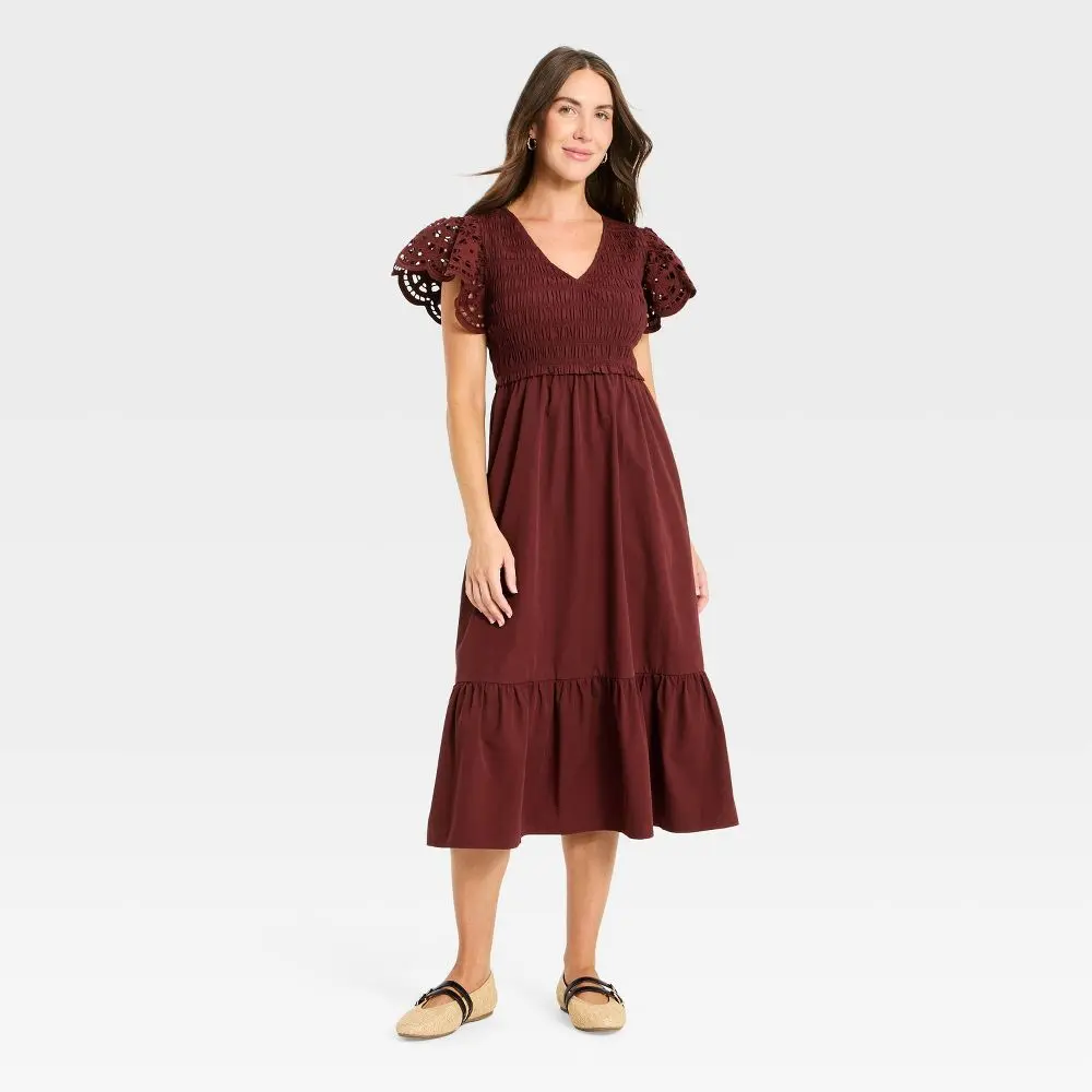 Universal Thread Women's Flutter Short Sleeve Smocked Midi A-Line Dress