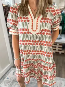 White Tulip Floral Print Cotton Puff Short Sleeve Mini Dress, Soft Cotton Fabric Ensures Breathable Comfort For Warm Weather.