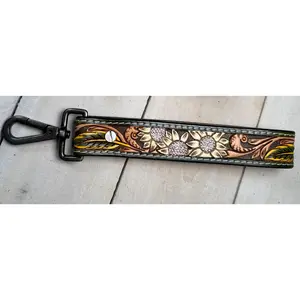 Colorful Sunflower Tooled Wristlet Leather Keychain