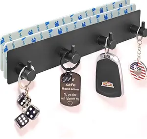 Key Holder for Wall with 2 Self-Adhesive Tapes， Key Hanger Organizer for Wall with 4 Hooks，Metal Key Rack for Door, Entryway, Kitchen Bathroom(Black)