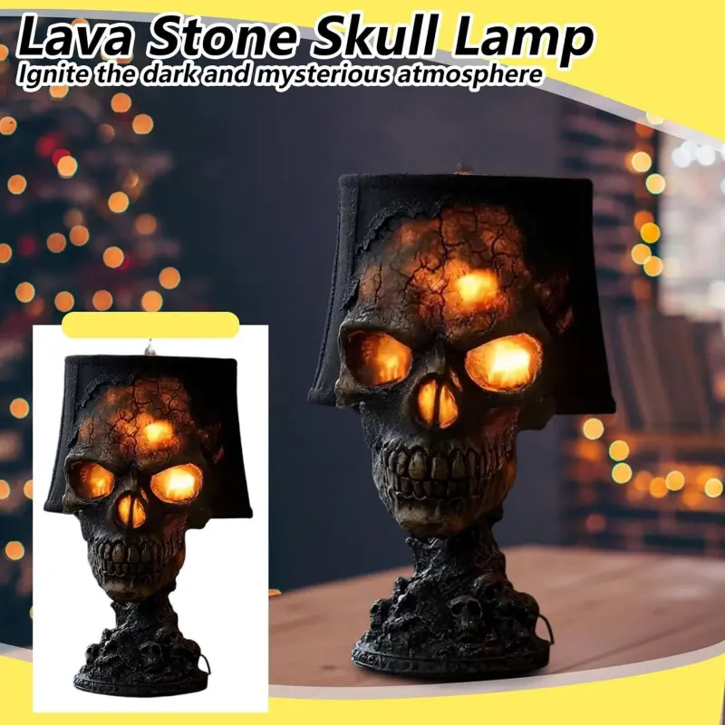 Skull Flame Table Lamp,Lava Stone Skull Lamp, Spooky LED Desk Light, Halloween & Gothic Decor, Unique Room Accent, Create a Mysterious Atmosphere
