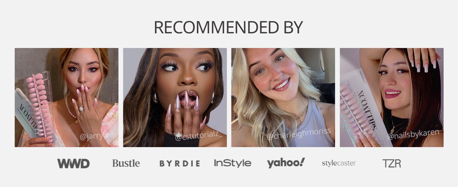 BTArtboxnails XCOATTIPS Press on Nails-96pcs White Short Square or Almond or Stiletto French Tips Glitter Pink Base,Soft Gel FalseNail, Soak Off Acrylic Fake Nails Extensions