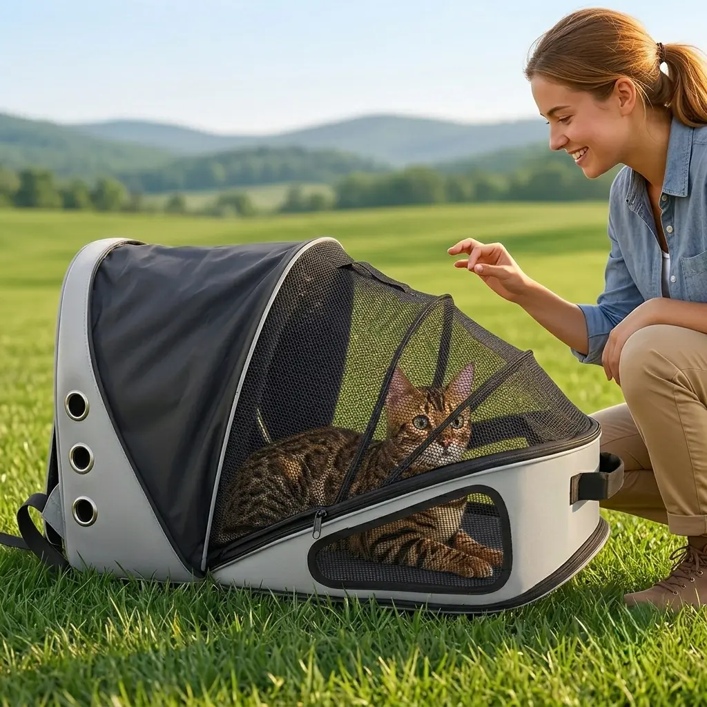 Outdoor Animal Carrier Backpack with Sanctuary Design - Oxford Cloth, Stress Relief, Space Expansion, 3X Extra Space for Small/Medium Dogs & Cats Up to 18 Lbs, Ideal for Hiking Travel Enthusiasts, Travel Carrier