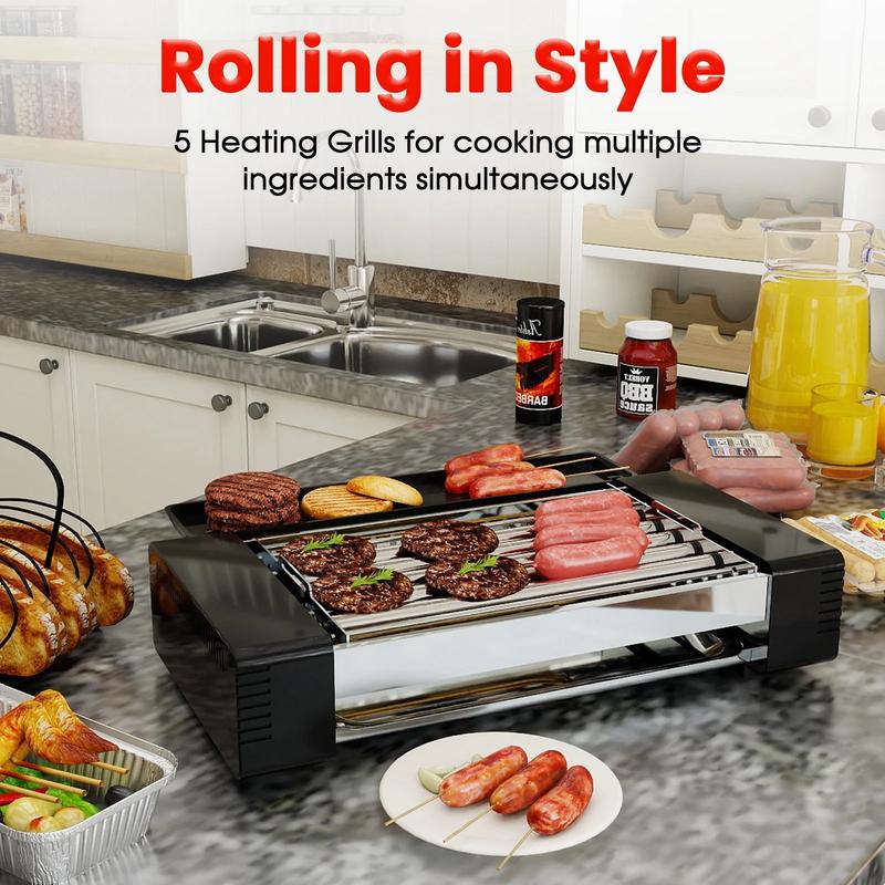 TMWINGS 2-in-1 Electric Grill & Hot Dog Machine, Indoor Smokeless BBQ Grill with Non-Stick Griddle, Perfect for Family Cooking & Home Parties