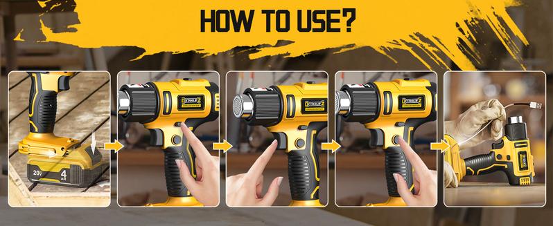 Cordless Heat Gun Compatible with Dewalt 20V Battery(No Battery!!), 350W 122℉-1022℉ Fast Heating Soldering Hot Air Gun with 5 Nozzles for DIY Craft, Shrink Tubing