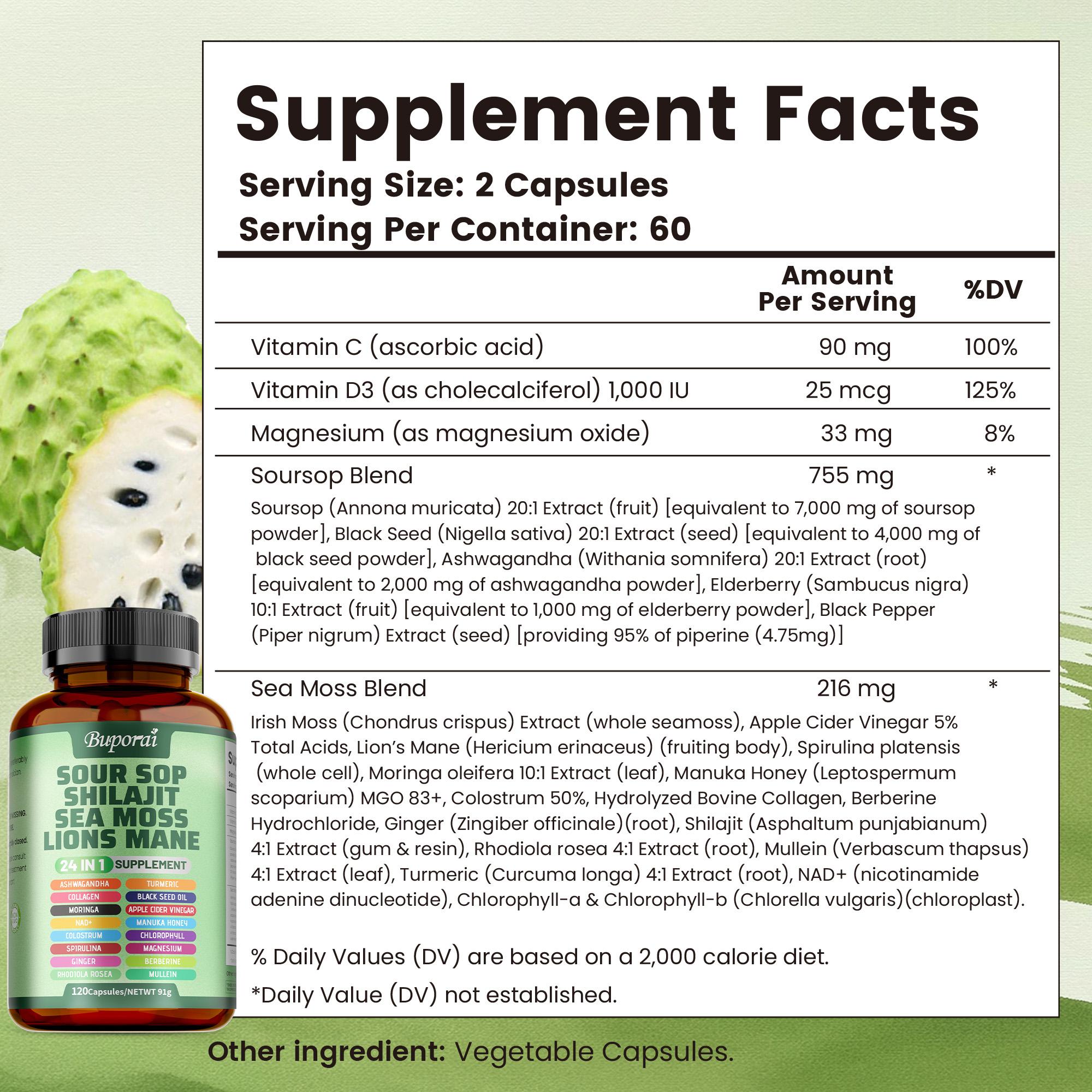 Soursop Dietary Supplement, rich in antioxidants, 120 capsules per bottle, with added shiitake mushroom, seaweed, and lion's mane mushroom, 24 in 1, supports skin, joint, and bone health.
