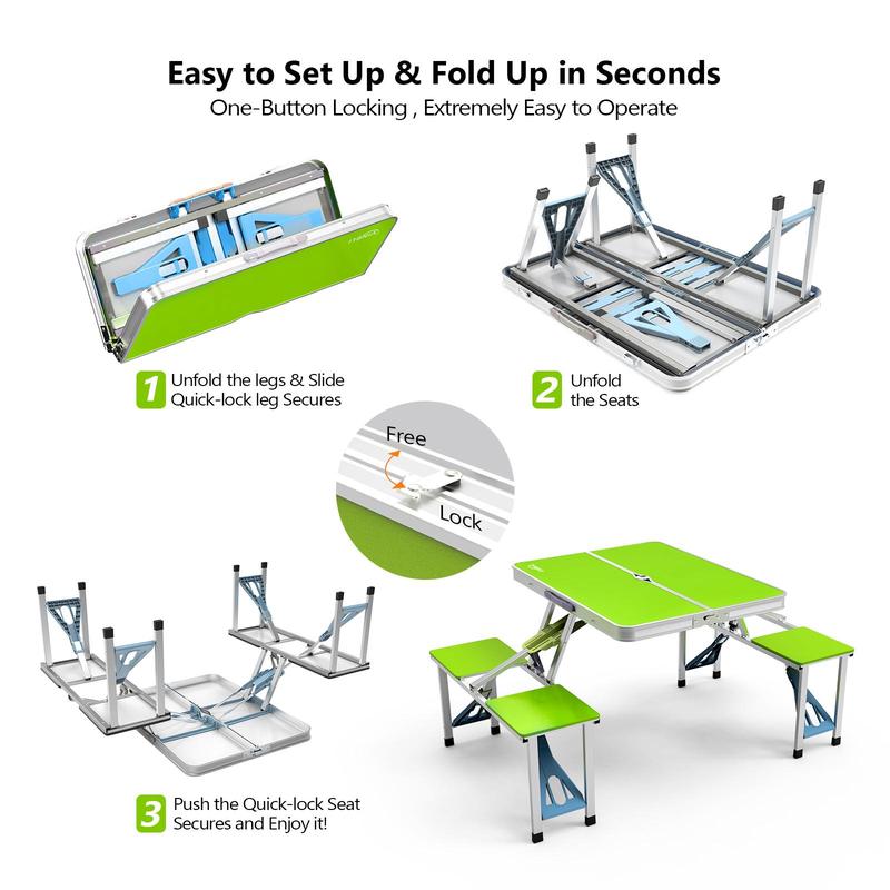 Ubesgoo 4Ft Portable Folding Picnic Table Camping Table Foldable Set with 4 Seats with Umbrella Hole Suitcase Card Table-220 Lbs Support Aluminum Frame, Plastic RV Tabletop for Yard, Travel