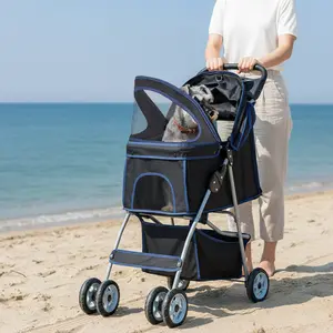 Pet Stroller for Dogs and Cats, Foldable, Lightweight and Durable, Ideal for Small to Medium Pets, Includes Storage Basket and Cup Holders