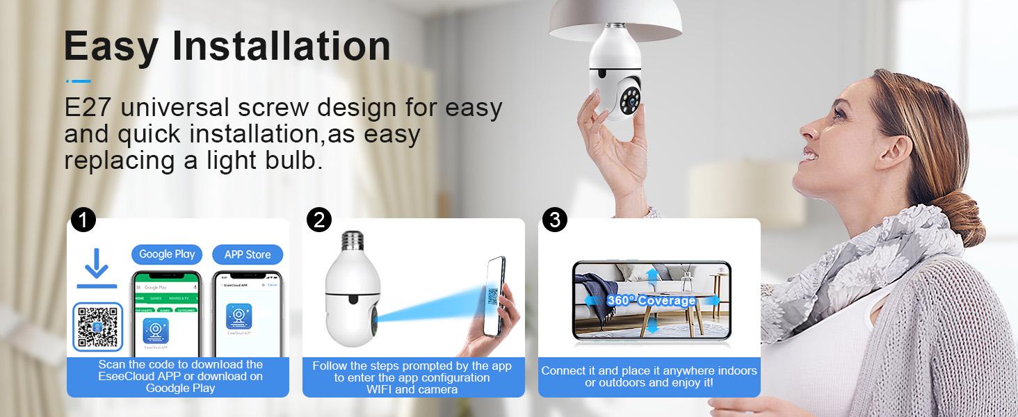WESECUU Security Camera Bulb 3MP HD Night Vision 2-Way Audio 2.4GHz Wi-Fi Indoor/Outdoor Remote Access EseeCloud Easy Install E27 Socket