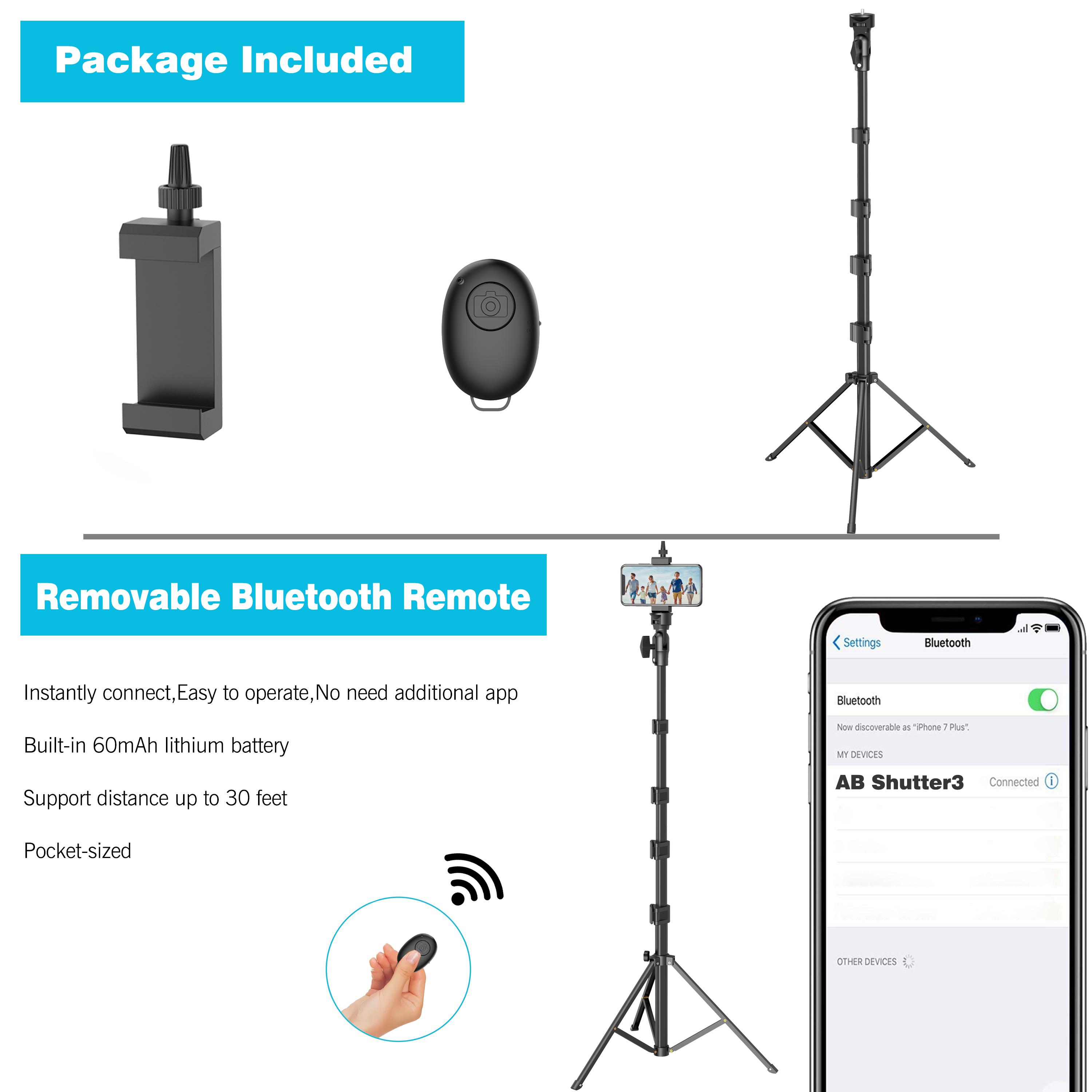 62'' Adjustable Phone Tripod & Selfie Stick with Bluetooth Remote, Universal Mount for iPhone, Android, and Cameras