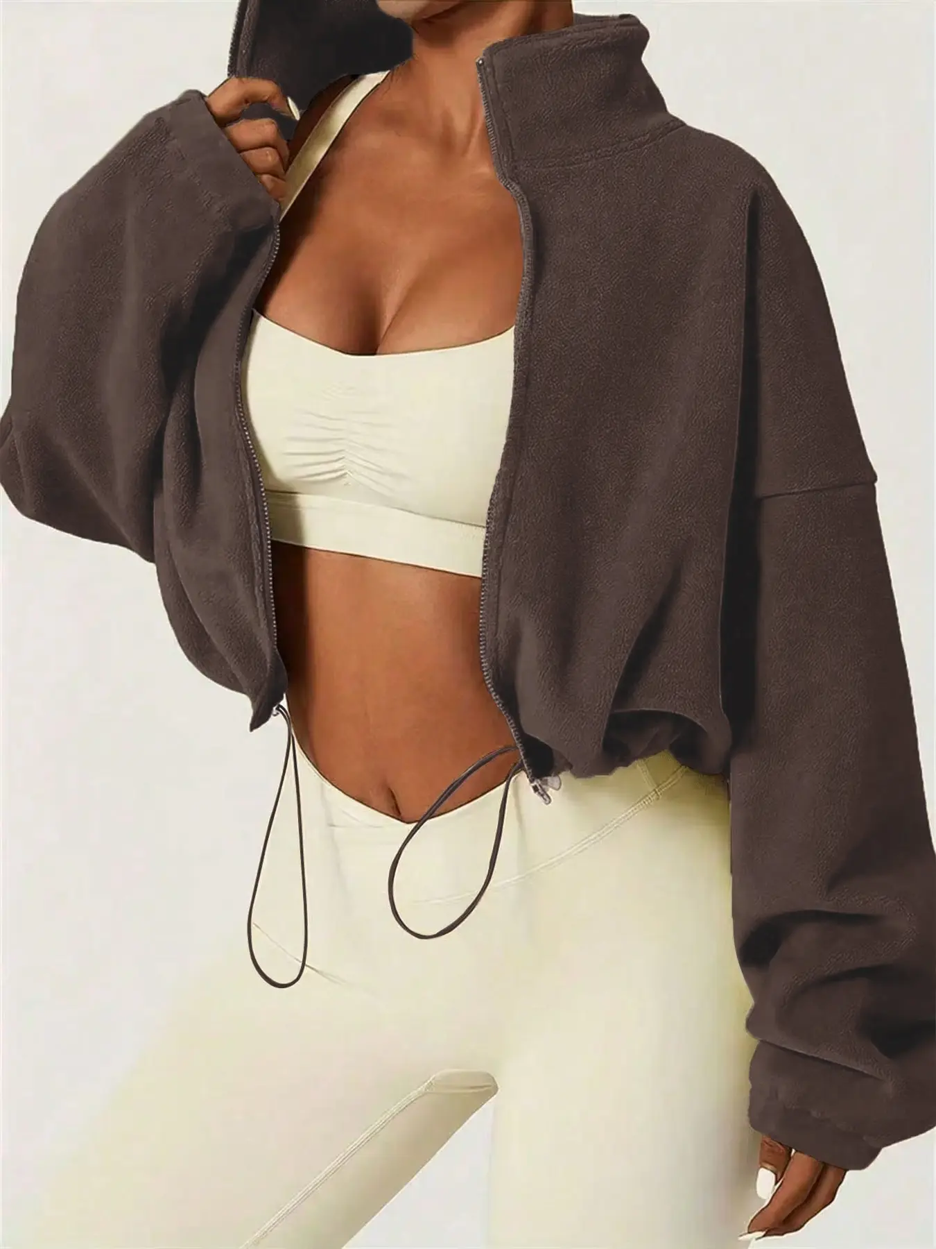 Women's Autumn Winter Fleece Jacket, Basic Stand Collar Zipper Pocket Design, Adjustable Drawstring, Casual Warm Loose Short Coat for Ladies, Daily Wear Outerwear, Loose Jackets