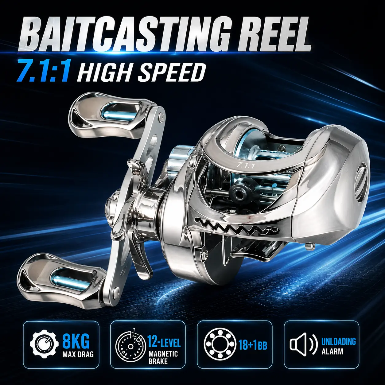 TRONMER Silver Precise Baitcasting Reel - High Speed 7.1:1 Gear Ratio, 17.64LB Max Drag, Magnetic Brake, Right Reversible Handle for Bass, Pike Fishing Equipment, Trout, High Speed Gear Ratio, Trout Fishing, Reels, Smooth, Right/Left, Trout Pike