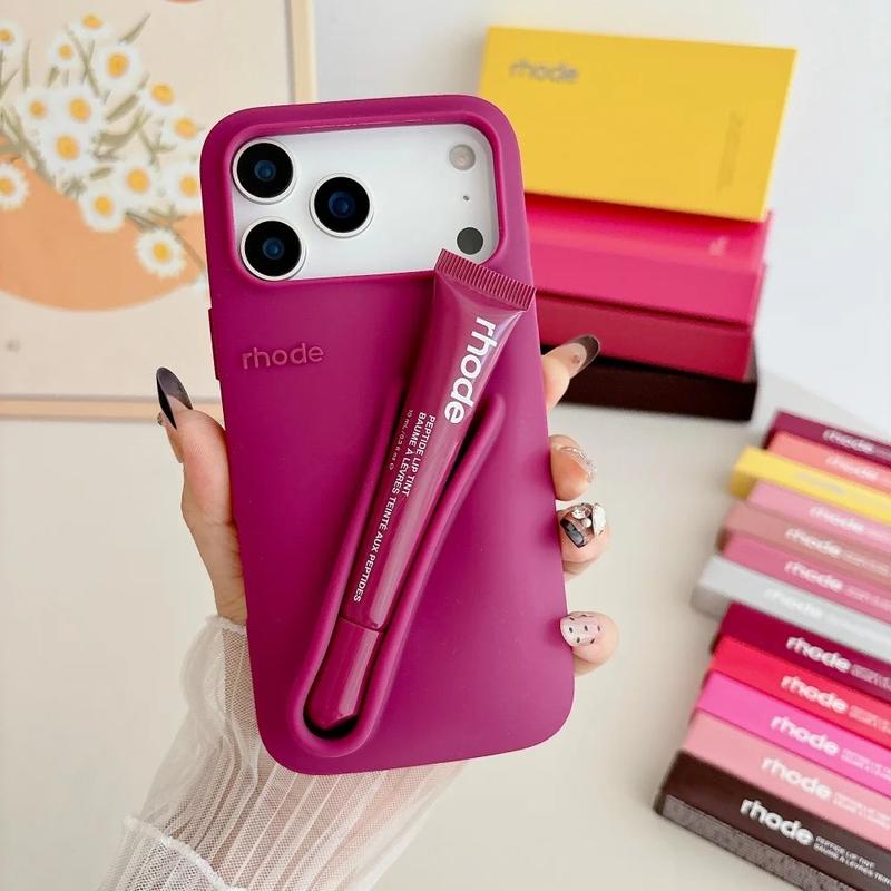 Rhode Cute Makeup Aesthetic Phone Case with Built-In Lip Balm Holder for iPhone 11 12 13 14 15 16 17, Shockproof Protective Back Cover, Stylish Beauty Phone Accessory for Women and Daily Carry