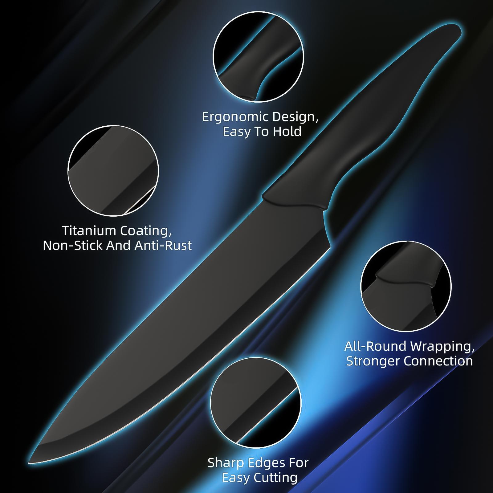 XBJ Knife Set, 15-piece kitchen knife set, built-in sharpener, high-carbon stainless steel blades, sharp and rust-resistant, includes a built-in sharpener and kitchen scissors, dishwasher safe, black.