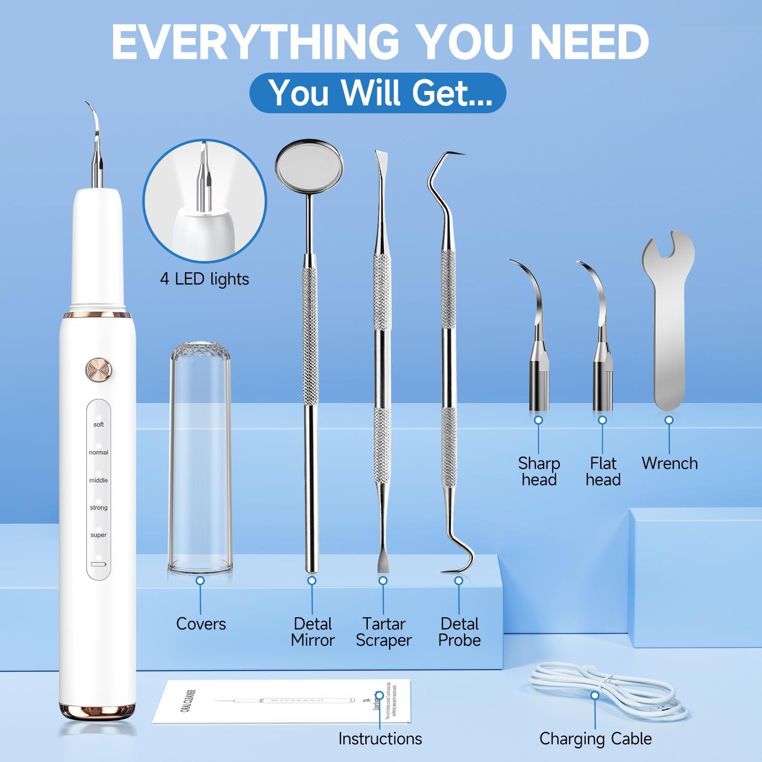Glam Goddess Rechargeable Electric Teeth Cleaning Tool with 5 Modes & 3 Replaceable Heads Oral Irrigator for Home Use Tartar Remover Antibacterial Dental Care Kit