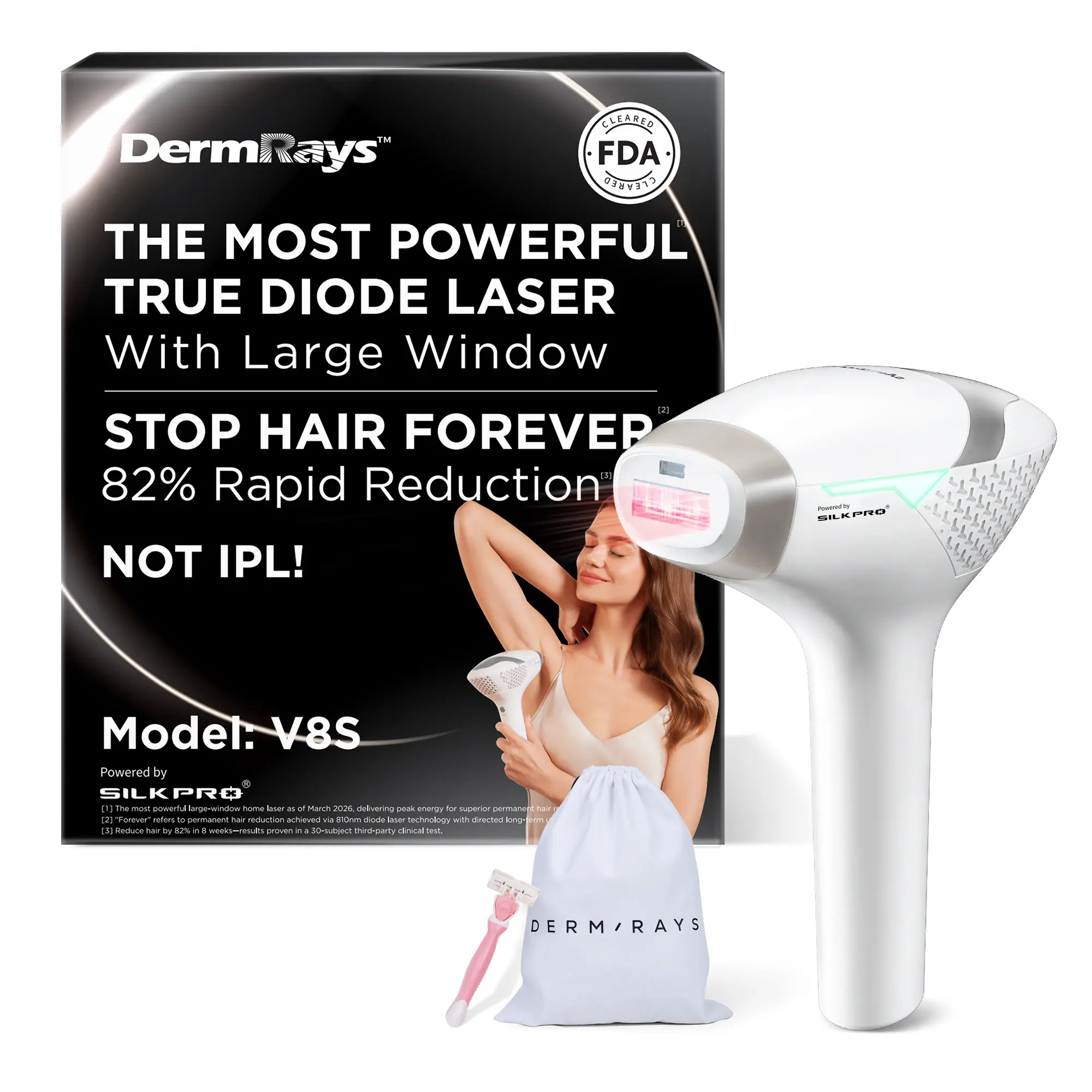 DermRays V8S Diode Laser Hair Removal Device - Painless At-Home Clinical Tech, 810nm Safe Tool for Women, 810nm Safe Tool for Women, Targets Face, Smooth Legs & Bikini Line Routine, Disables Follicles (Except Red Hair), Permanently Disables Hair Follicle