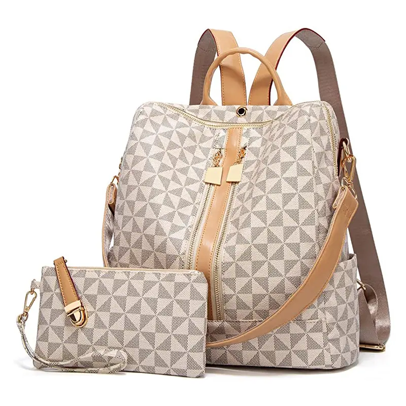 Women's Vintage Anti-Theft Multi-Functional Backpack with Wristlet, Stylish Casual Daypack, Large Capacity for Day Trips, Geometric Print, Travel-Day Ready, Vintage Look with Modern Use