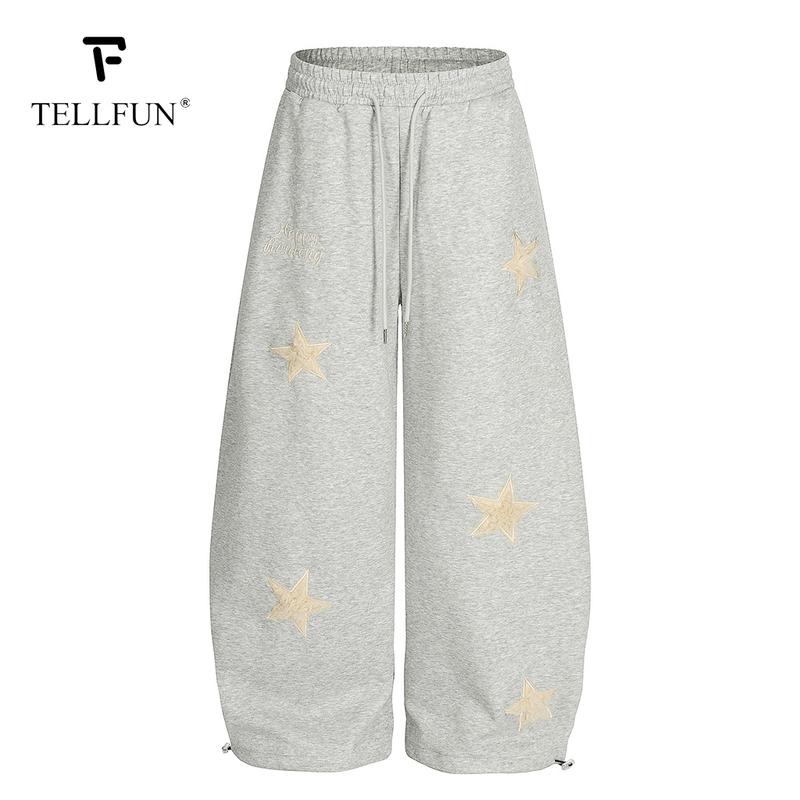 TELLFUN 2026 Men‘s Star Embroidered Jogger Pants Loose Fit Barrel Leg Sweatpants with Stretch Fabric and Drawstring Waist Y2K Streetwear Style；Unisex