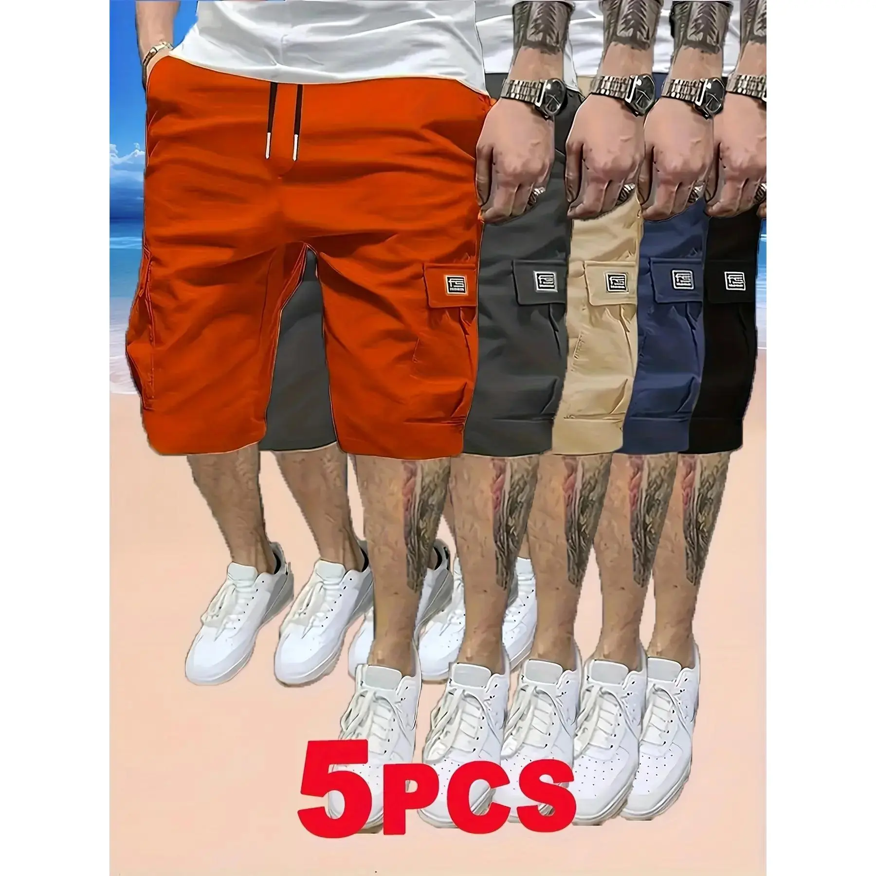 Men's Ripped Denim 5-Piece Shorts Set - Lightweight Breathable Fabric, Multiple Pockets, Menswear Activewear Male Clothing Clothes Products for Outdoor Leisure, Hiking, Sports Clothes