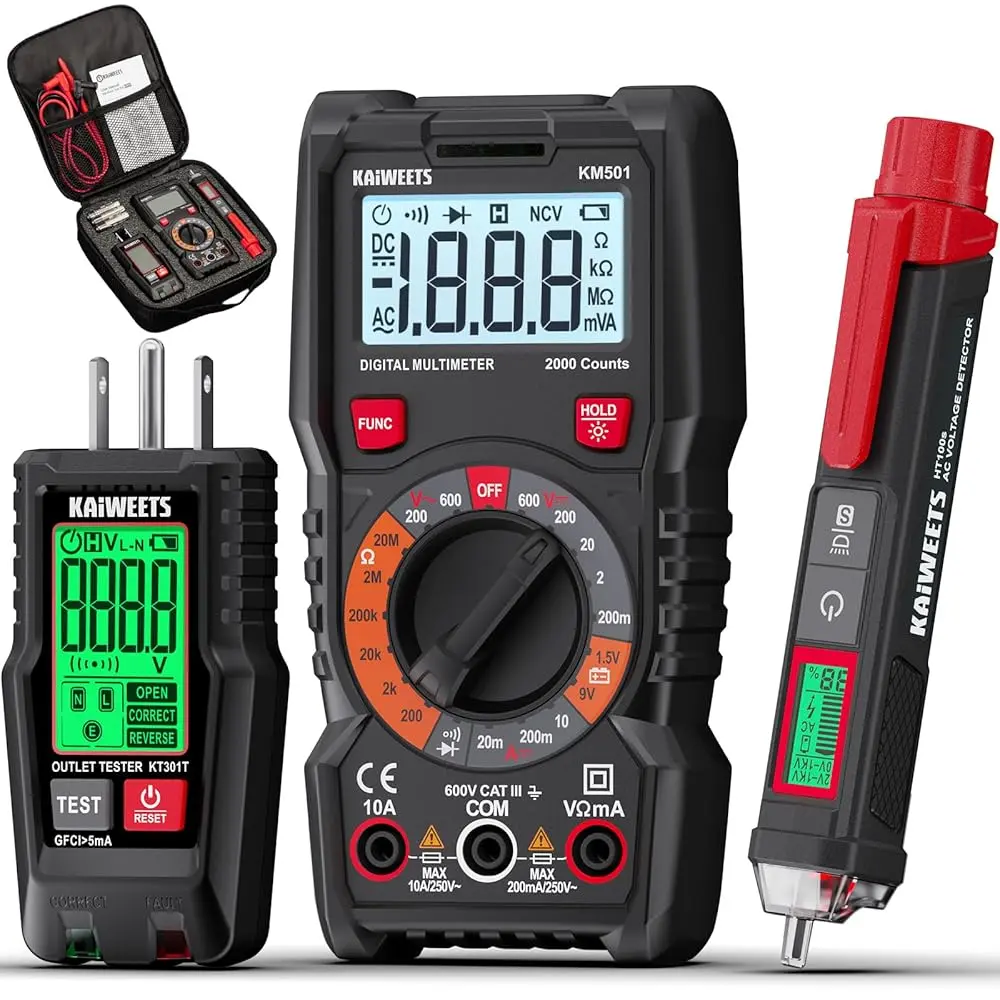 KAIWEETS All-in-One Electrical Test Kit, Includes Digital Multimeter With 1.5V/9V Battery Test, Non-Contact Voltage Tester & GFCI Outlet Tester, 3 Essential Tools for Home Electrical Checks, DIY Projects & Repairs