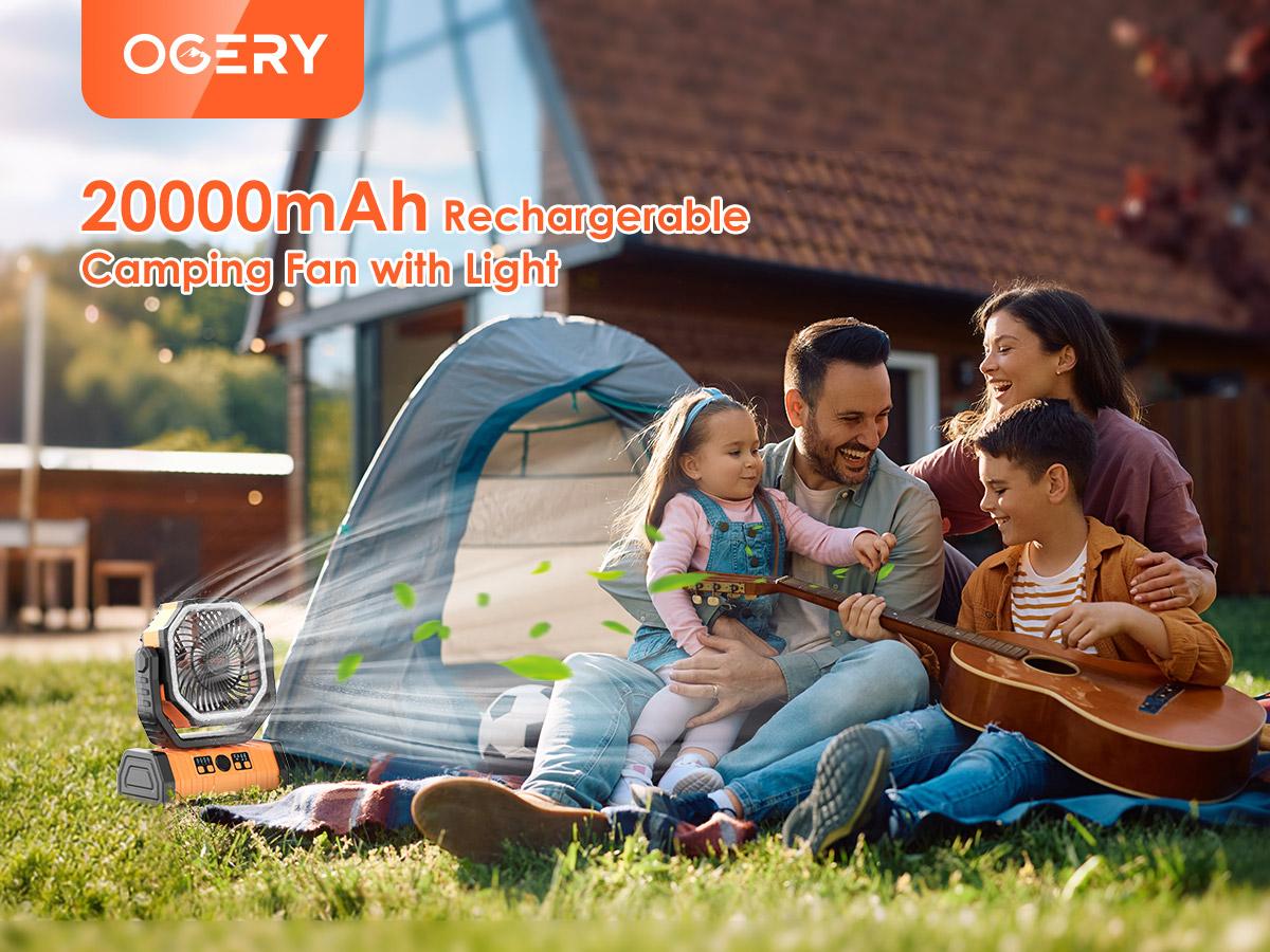 OGERY Rechargeable Camping Fan with LED Light, Portable Multi-functional Fan with 360° Rotating Hook, Oscillating Emergency Camping Fan Cordless Rotatable Battery Powered Lightweight