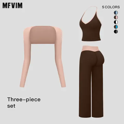 MFVIM Women's 3-Piece Color-Block Halter Yoga Fashion Set - V-Neck Sports Top with Built-In Bra Pads, Sleeve Covers, Fold-Over High-Waisted Wide-Leg Pants for Pilates, Gym Workout Apparel (Yoga Workout Activewear, Women's Matching Sets)